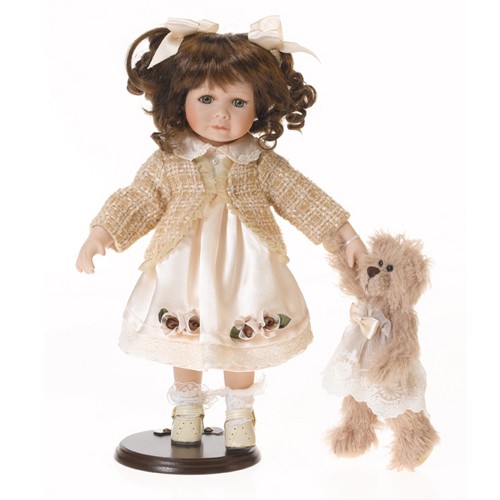 Bambola Porcellana Vestito Beige cm.42 con Orsetto